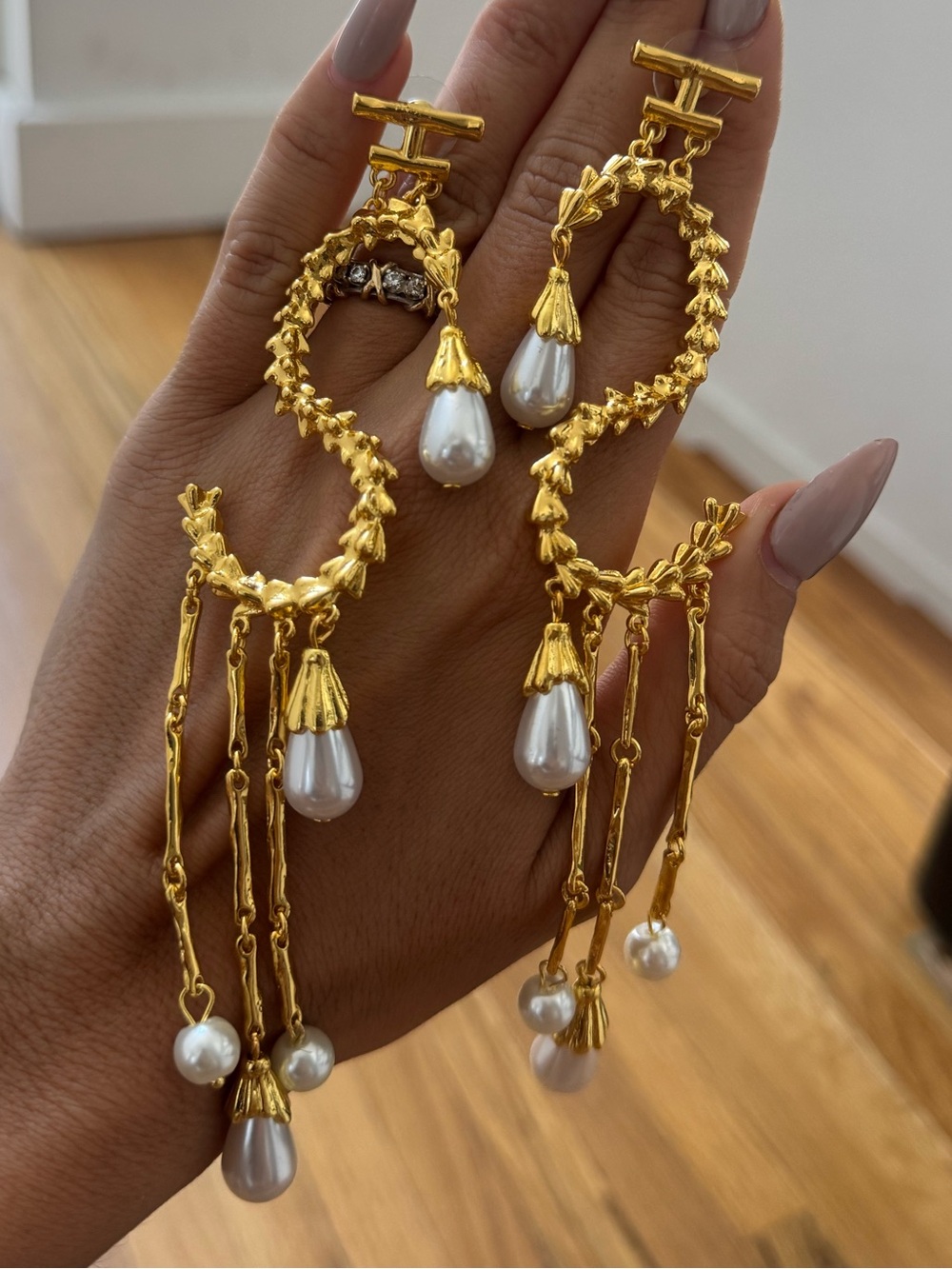 Vintage Gold Pearl Drop Chandelier Earrings